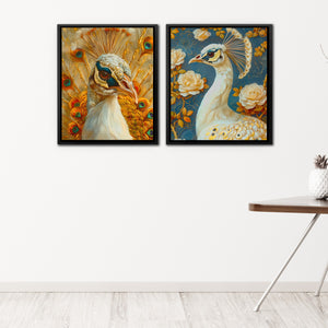 two paintings of peacocks on a white wall