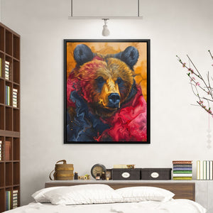 a painting of a bear in a red jacket on a wall above a bed