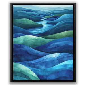 a painting of a blue and green landscape