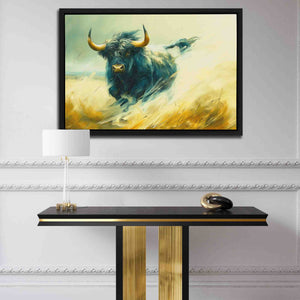 a painting of a bull running through a field