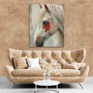 a painting of a white horse with a red spot on it's face