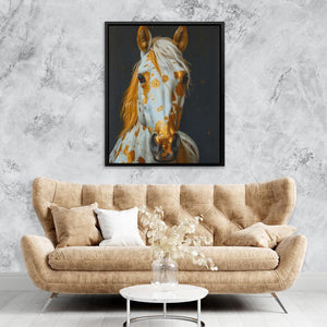 a living room with a couch and a painting of a horse