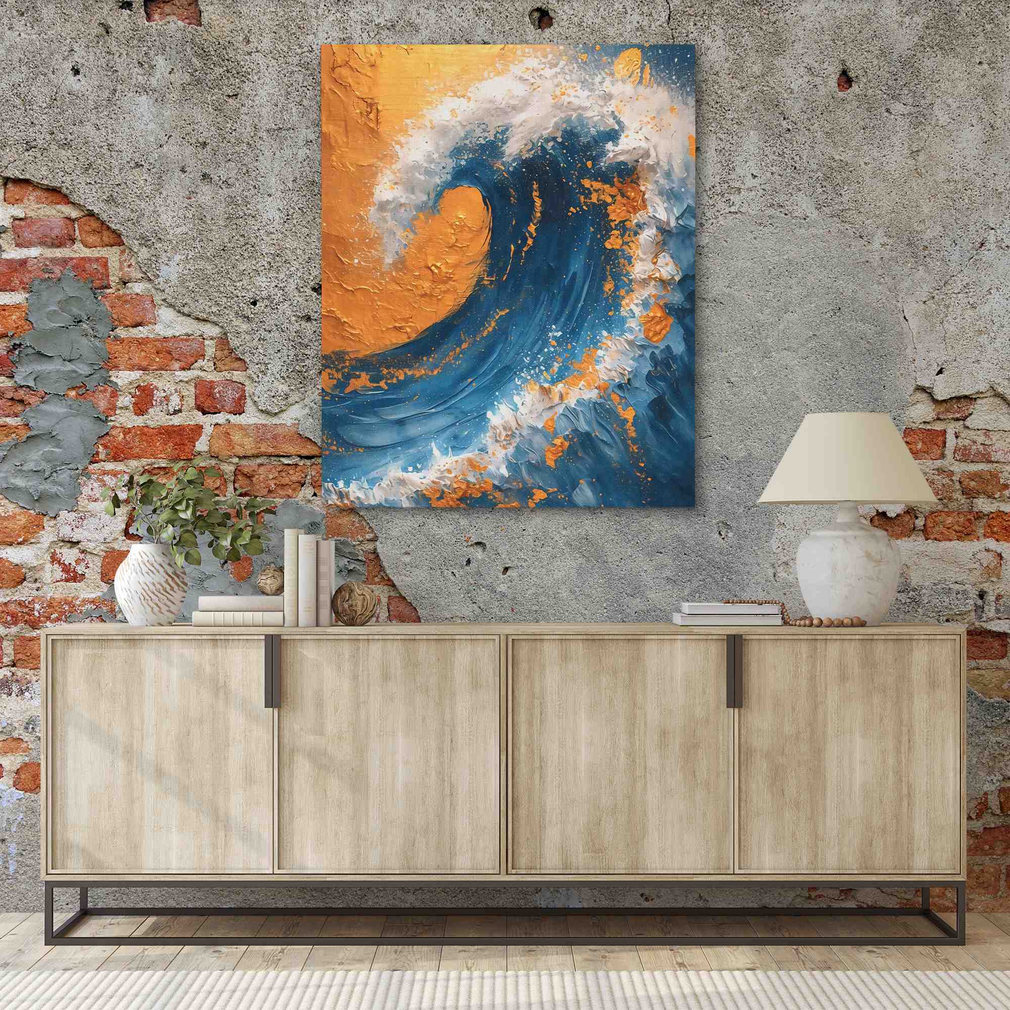 an abstract painting of a wave in gold and blue