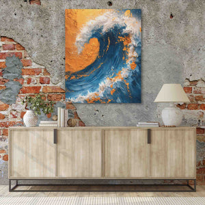 a painting of a wave on a brick wall