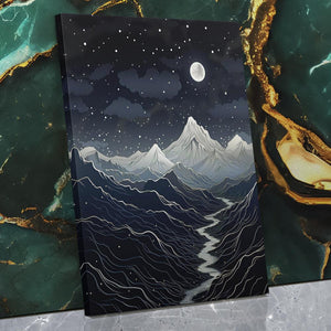 a painting of a mountain range with a moon in the sky