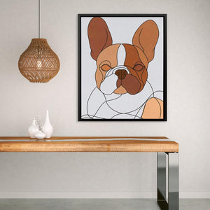 a picture of a dog on a wall above a table