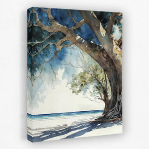 a watercolor painting of a tree on a beach