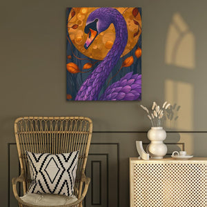 a painting of a purple bird on a wall