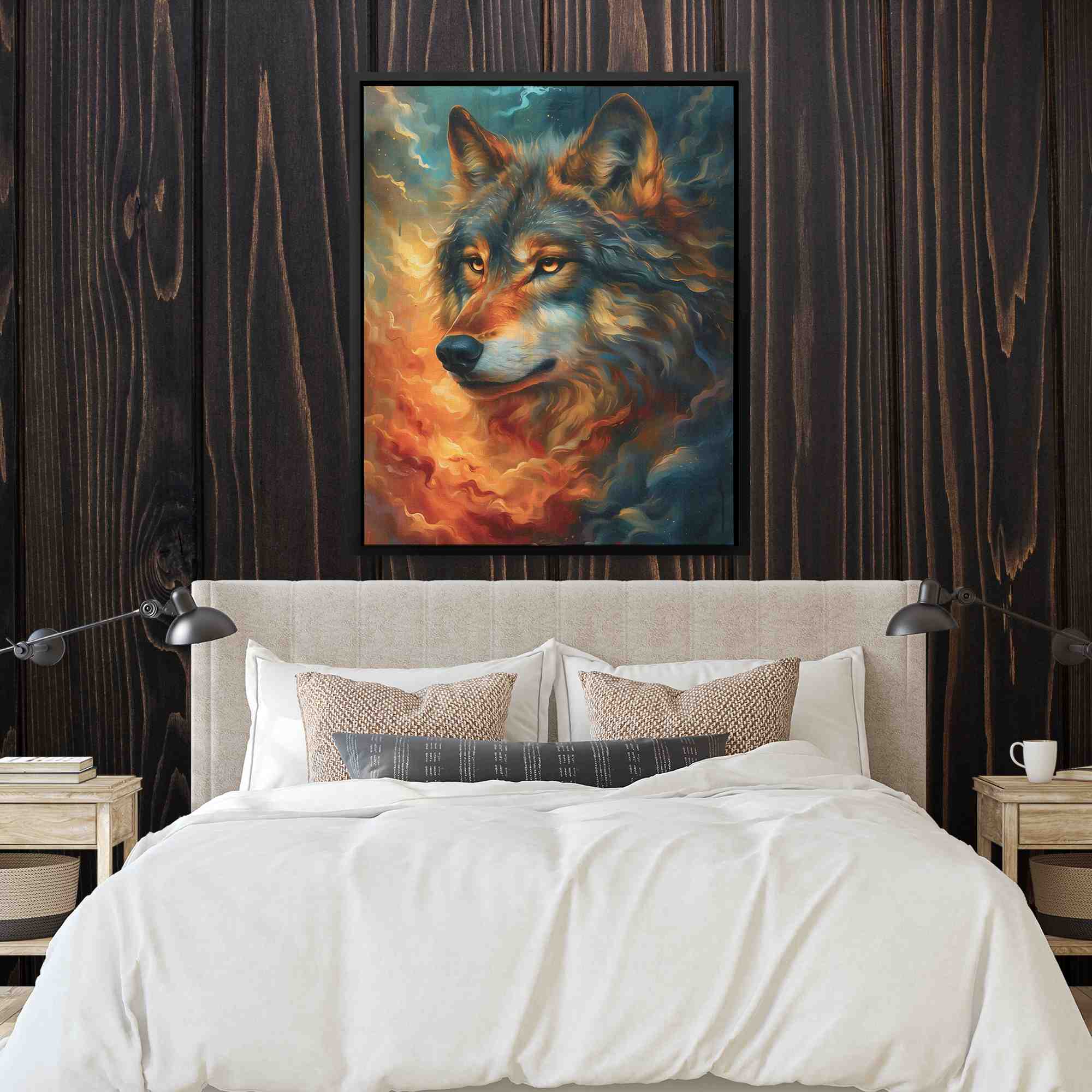 a painting of a wolf on a canvas