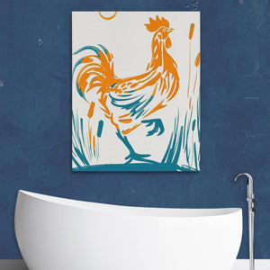 a white bath tub sitting next to a painting of a rooster