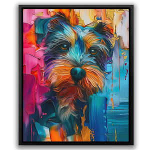 a painting of a dog with a colorful background