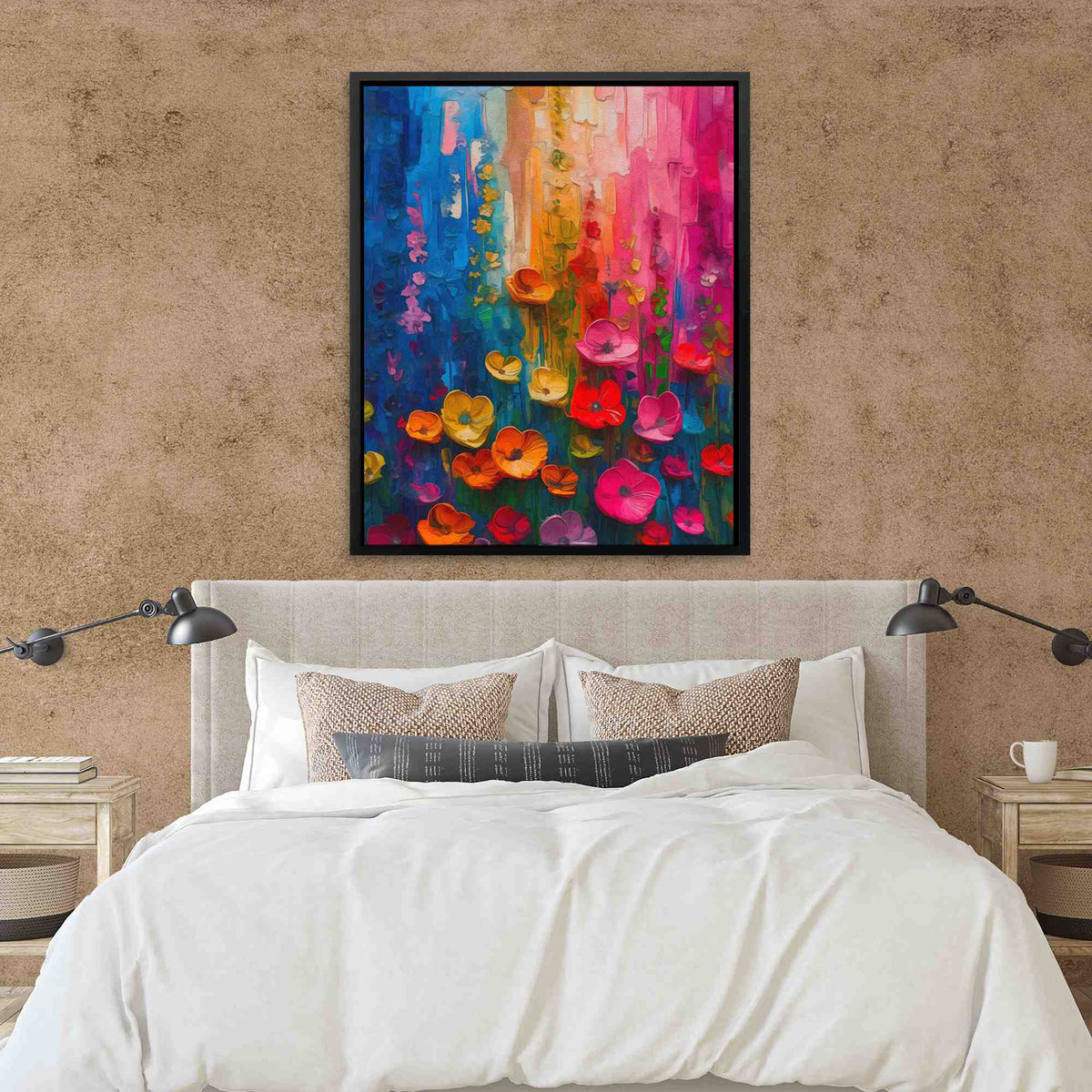 a bedroom with a bed and a painting on the wall