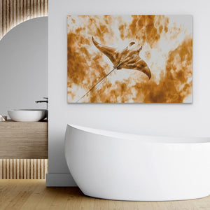 a bathroom with a bathtub and a painting on the wall