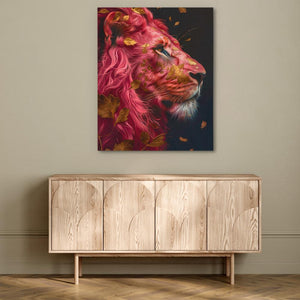 a painting of a lion on a wall above a dresser