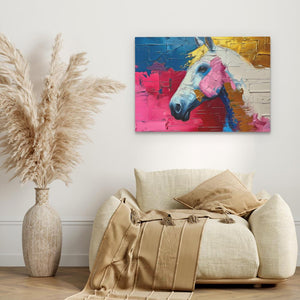 a painting of a horse on a wall next to a couch