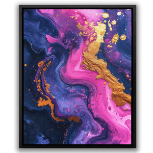 an abstract painting with gold and purple colors
