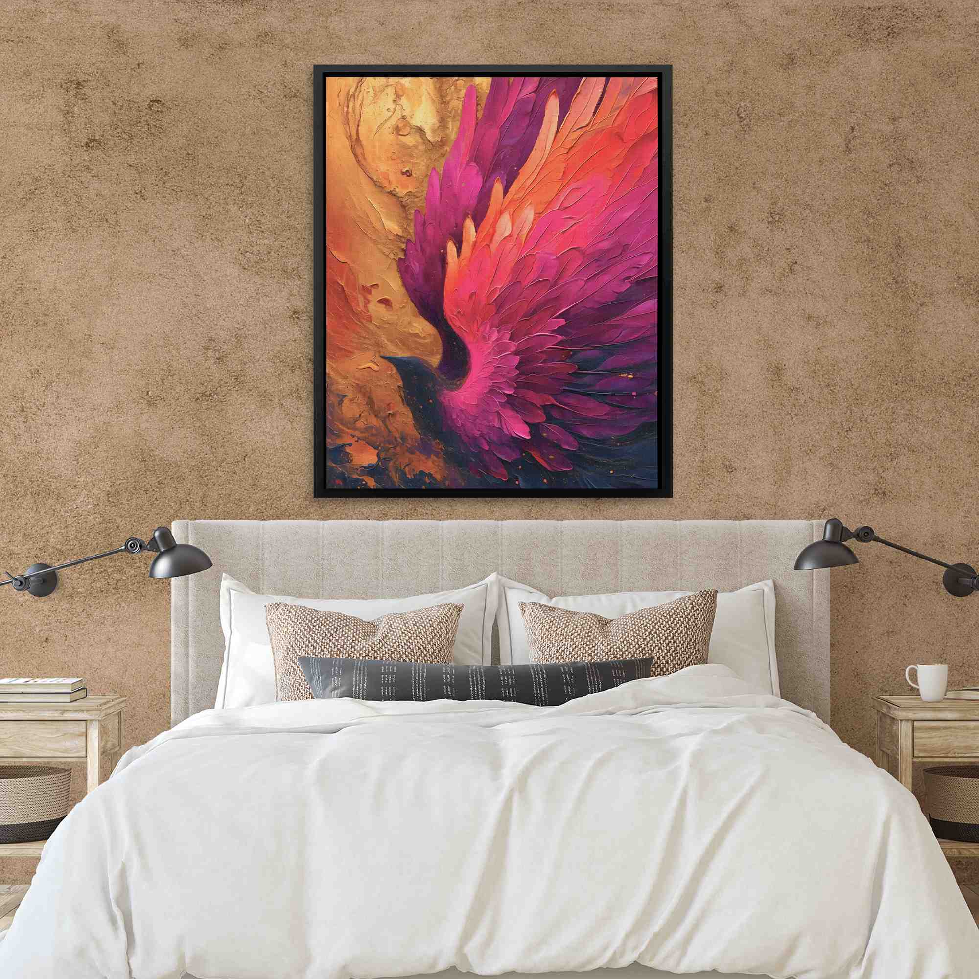 a painting of a colorful bird on a white wall
