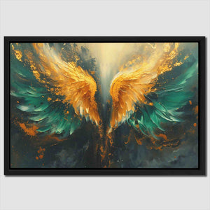 a painting of a golden and green bird