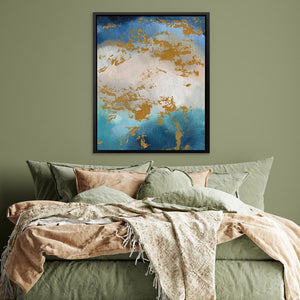 a bed with a green comforter and a painting on the wall