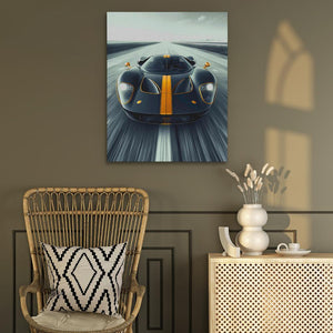 a painting of a racing car speeding down a track