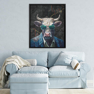 a painting of a bull wearing sunglasses and a suit