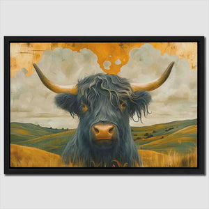 a painting of a bull with long horns