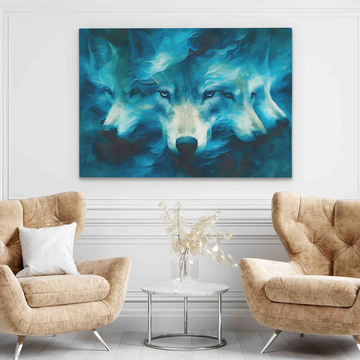 a couple of chairs sitting in front of a painting