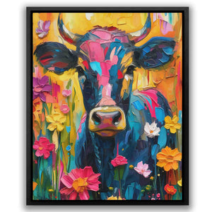a painting of a cow in a field of flowers