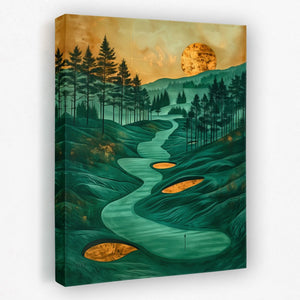 a painting of a river running through a forest