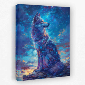 a painting of a wolf sitting on top of a rock