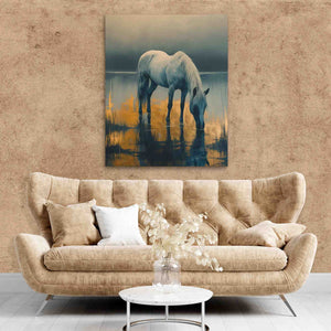 a painting of a horse drinking water in a living room
