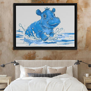 a picture of a blue hippo in the water on a wall above a bed