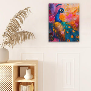 a painting of a peacock on a wall next to a potted plant