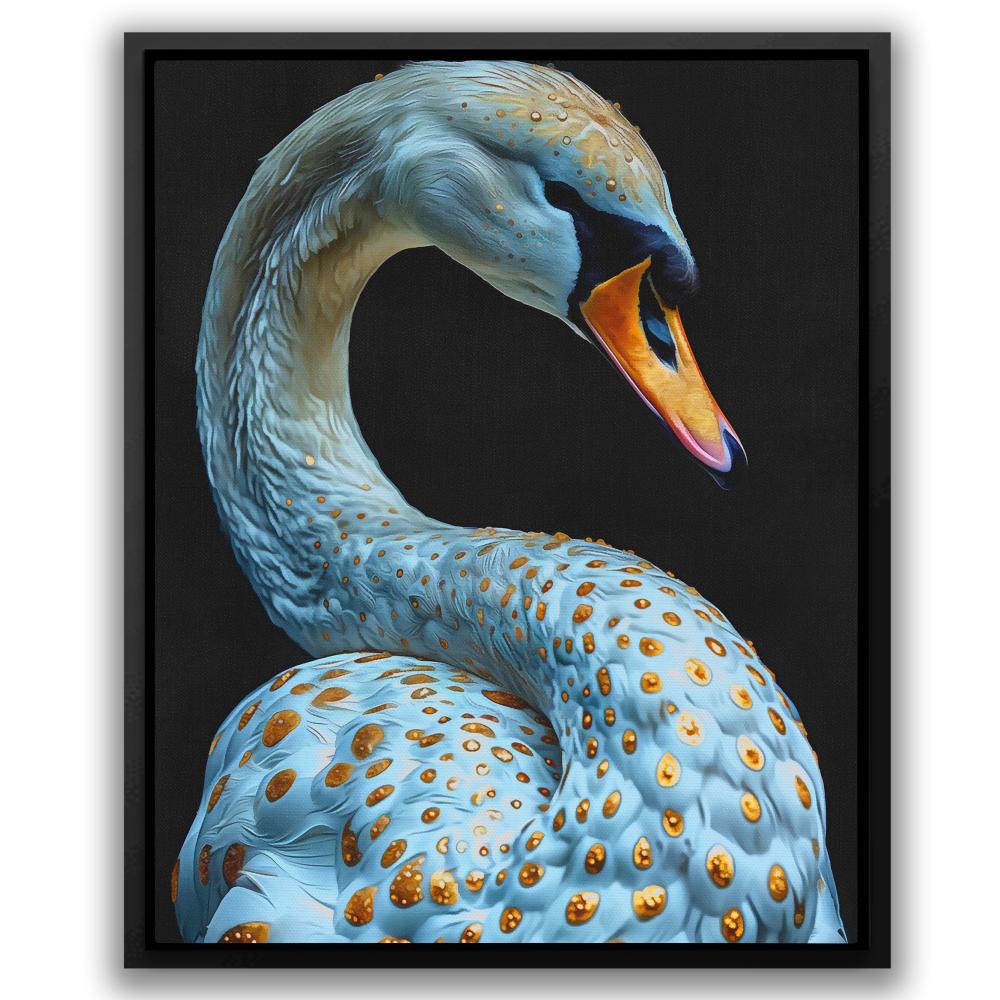 a painting of a white swan with orange spots on it's feathers