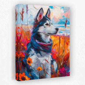 a painting of a husky dog in a field of flowers