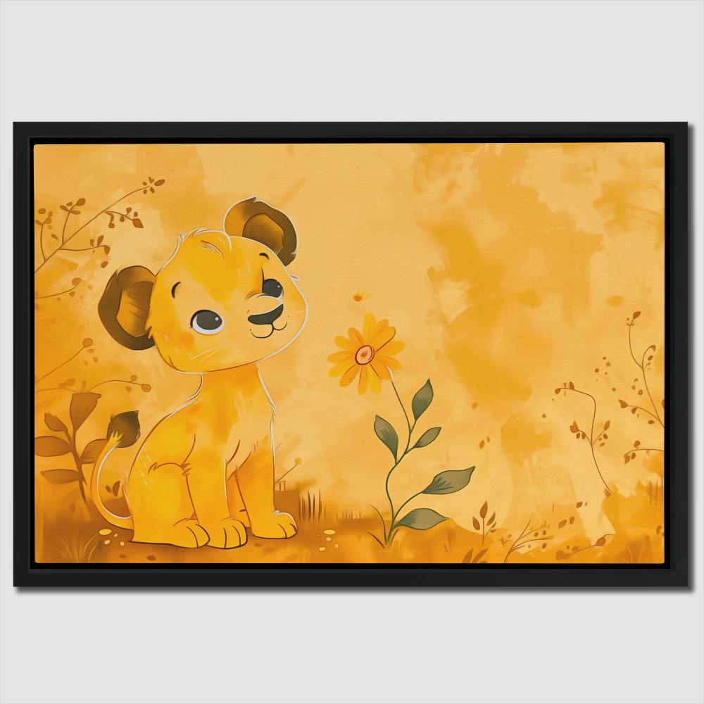 a painting of a lion cub sitting in a field of flowers