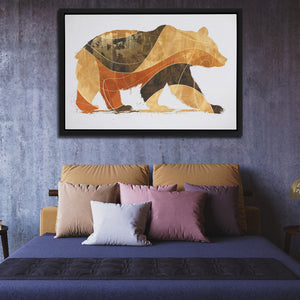 a picture of a bear on a wall above a bed