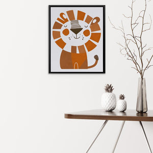 a picture of a lion on a wall above a table