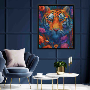 a living room with blue walls and a painting of a tiger