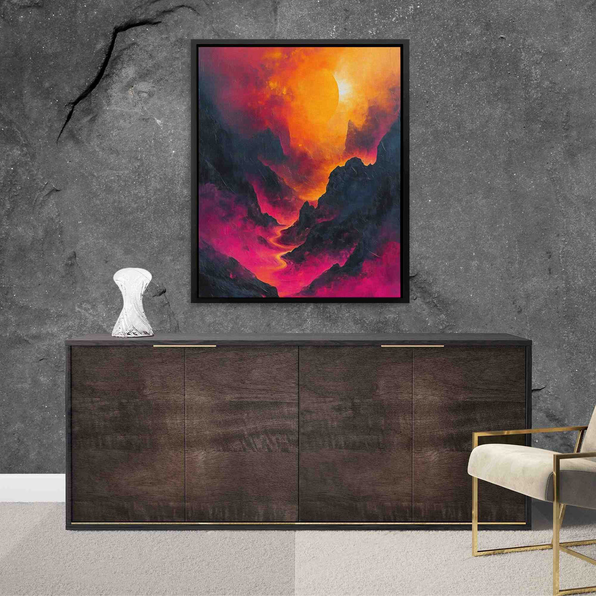 a painting hanging on a wall next to a chair