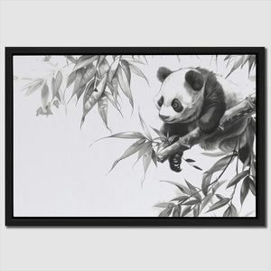 a black and white picture of a panda eating bamboo