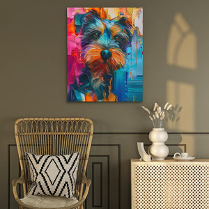 a painting of a dog on a wall next to a chair