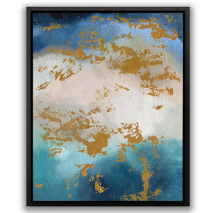 a painting with gold and blue paint on it