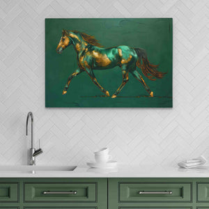 a painting of a horse running on a green background