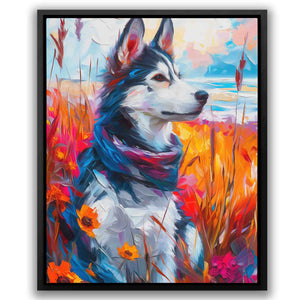 a painting of a husky dog in a field of flowers