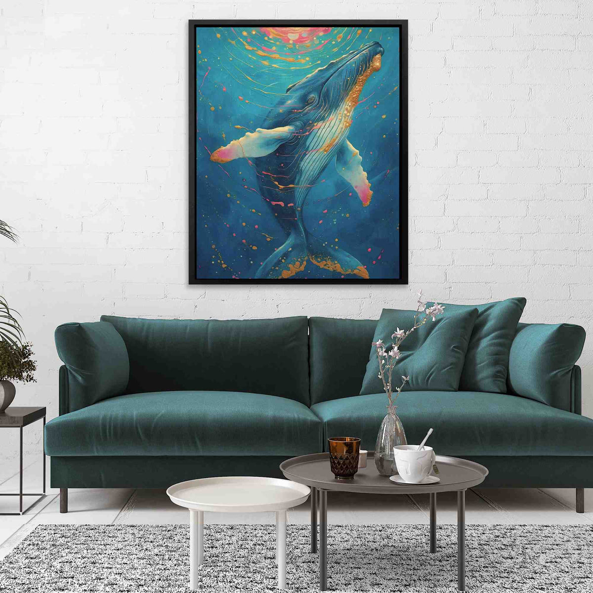 a living room with a couch and a painting on the wall