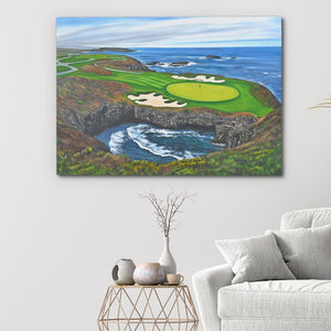 a painting of a golf course near the ocean