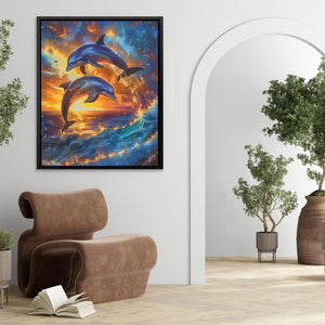 a painting of two dolphins jumping out of the water