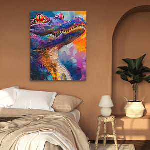 a painting of a dragon on a wall above a bed