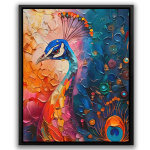 a painting of a colorful bird on a white background